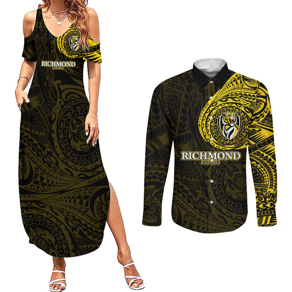 Personalized Richmond Tigers Polynesian Couples Matching Summer Maxi Dress and Long Sleeve Button Shirt Tribal Chest and Sleeve Tattoo Heritage Warrior