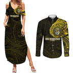Personalized Richmond Tigers Polynesian Couples Matching Summer Maxi Dress and Long Sleeve Button Shirt Tribal Chest and Sleeve Tattoo Heritage Warrior