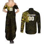 Personalized Richmond Tigers Polynesian Couples Matching Summer Maxi Dress and Long Sleeve Button Shirt Tribal Chest and Sleeve Tattoo Heritage Warrior
