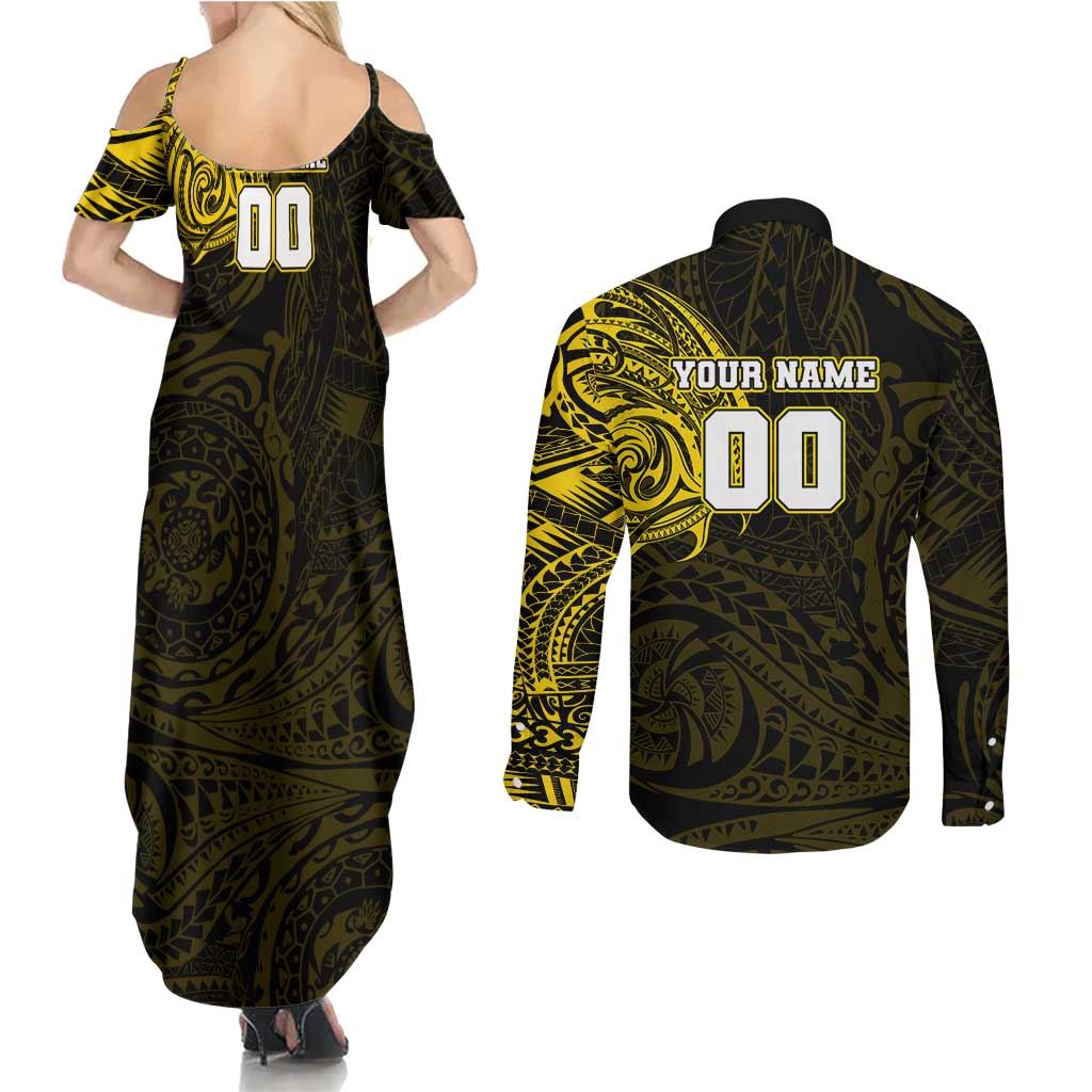 Personalized Richmond Tigers Polynesian Couples Matching Summer Maxi Dress and Long Sleeve Button Shirt Tribal Chest and Sleeve Tattoo Heritage Warrior