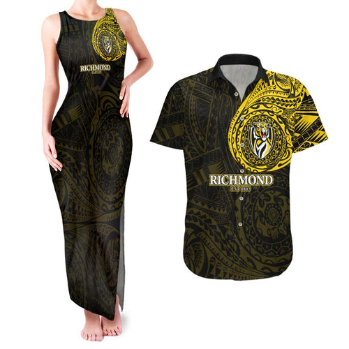 Personalized Richmond Tigers Polynesian Couples Matching Tank Maxi Dress and Hawaiian Shirt Tribal Chest and Sleeve Tattoo Heritage Warrior