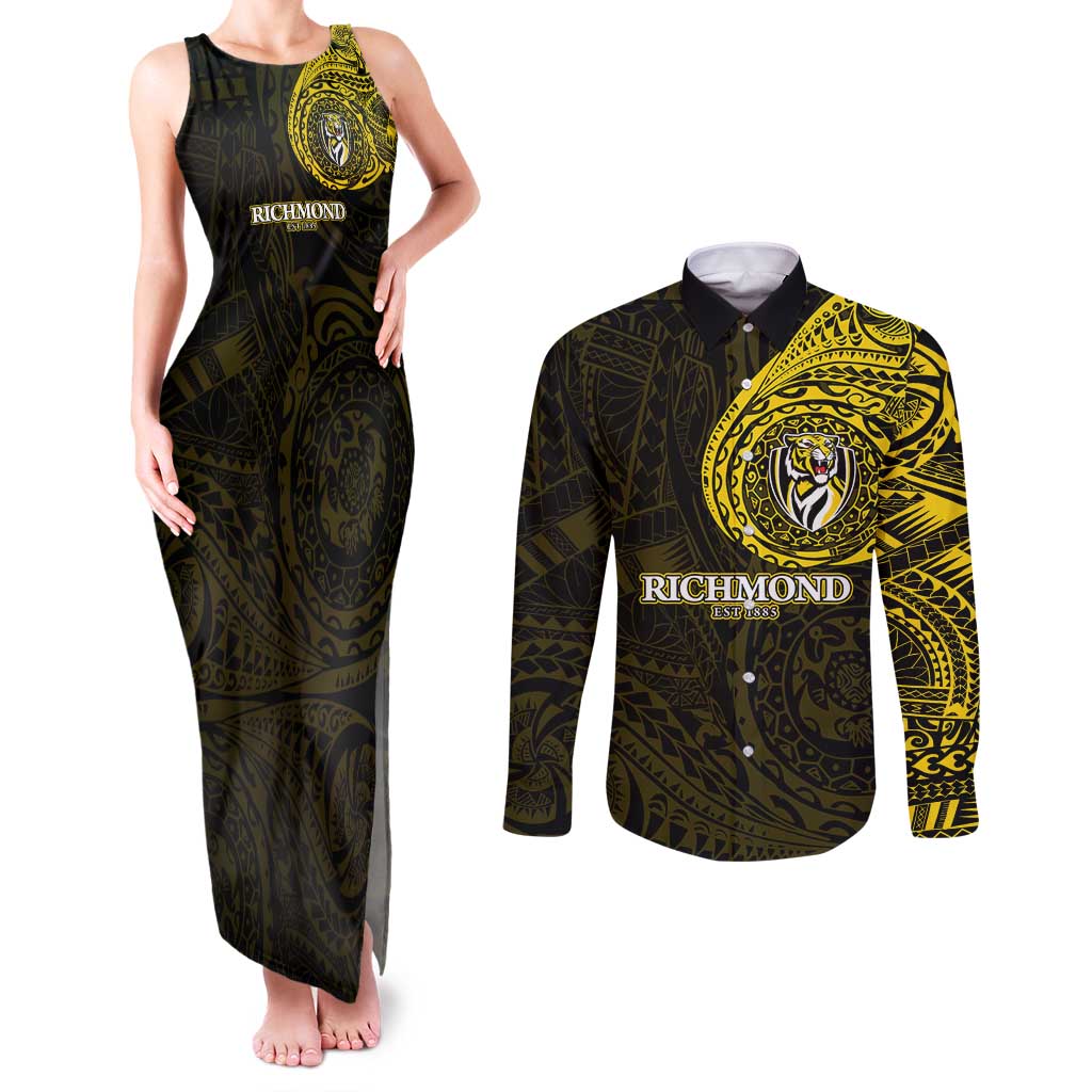 Personalized Richmond Tigers Polynesian Couples Matching Tank Maxi Dress and Long Sleeve Button Shirt Tribal Chest and Sleeve Tattoo Heritage Warrior