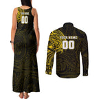 Personalized Richmond Tigers Polynesian Couples Matching Tank Maxi Dress and Long Sleeve Button Shirt Tribal Chest and Sleeve Tattoo Heritage Warrior