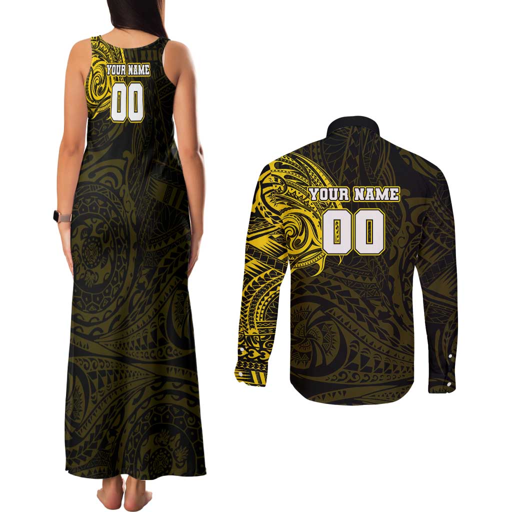 Personalized Richmond Tigers Polynesian Couples Matching Tank Maxi Dress and Long Sleeve Button Shirt Tribal Chest and Sleeve Tattoo Heritage Warrior