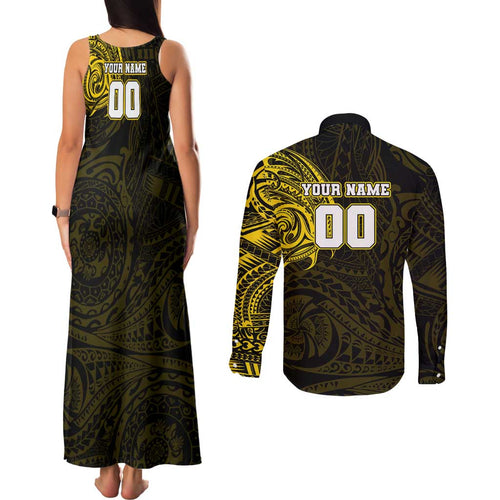 Personalized Richmond Tigers Polynesian Couples Matching Tank Maxi Dress and Long Sleeve Button Shirt Tribal Chest and Sleeve Tattoo Heritage Warrior