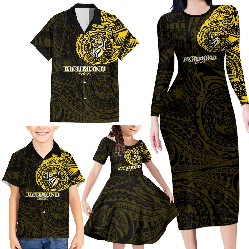 Personalized Richmond Tigers Polynesian Family Matching Long Sleeve Bodycon Dress and Hawaiian Shirt Tribal Chest and Sleeve Tattoo Heritage Warrior