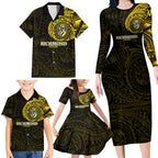 Personalized Richmond Tigers Polynesian Family Matching Long Sleeve Bodycon Dress and Hawaiian Shirt Tribal Chest and Sleeve Tattoo Heritage Warrior