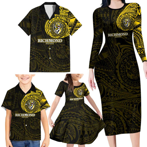 Personalized Richmond Tigers Polynesian Family Matching Long Sleeve Bodycon Dress and Hawaiian Shirt Tribal Chest and Sleeve Tattoo Heritage Warrior
