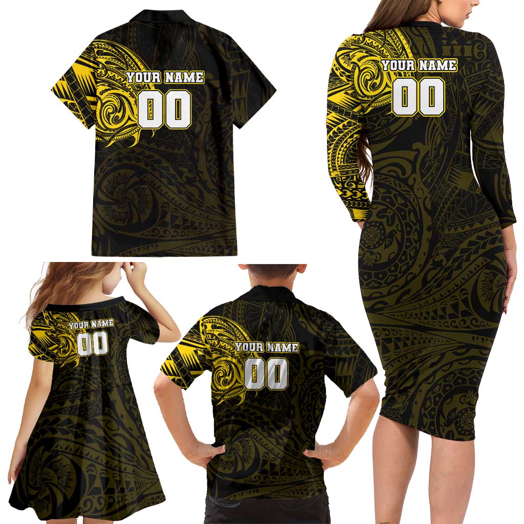 Personalized Richmond Tigers Polynesian Family Matching Long Sleeve Bodycon Dress and Hawaiian Shirt Tribal Chest and Sleeve Tattoo Heritage Warrior