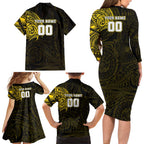 Personalized Richmond Tigers Polynesian Family Matching Long Sleeve Bodycon Dress and Hawaiian Shirt Tribal Chest and Sleeve Tattoo Heritage Warrior