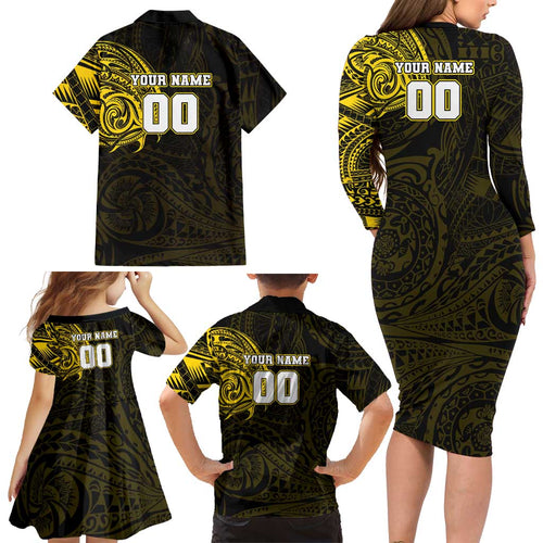 Personalized Richmond Tigers Polynesian Family Matching Long Sleeve Bodycon Dress and Hawaiian Shirt Tribal Chest and Sleeve Tattoo Heritage Warrior