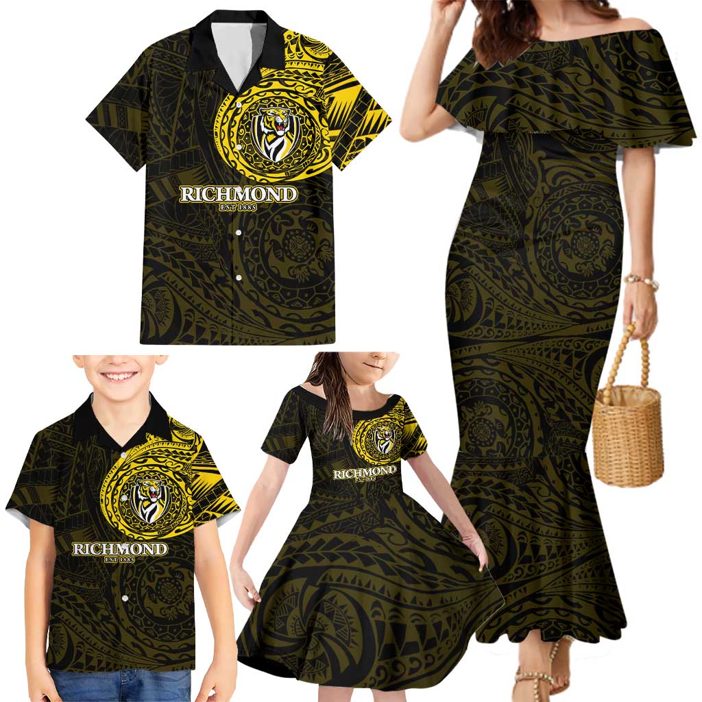Personalized Richmond Tigers Polynesian Family Matching Mermaid Dress and Hawaiian Shirt Tribal Chest and Sleeve Tattoo Heritage Warrior