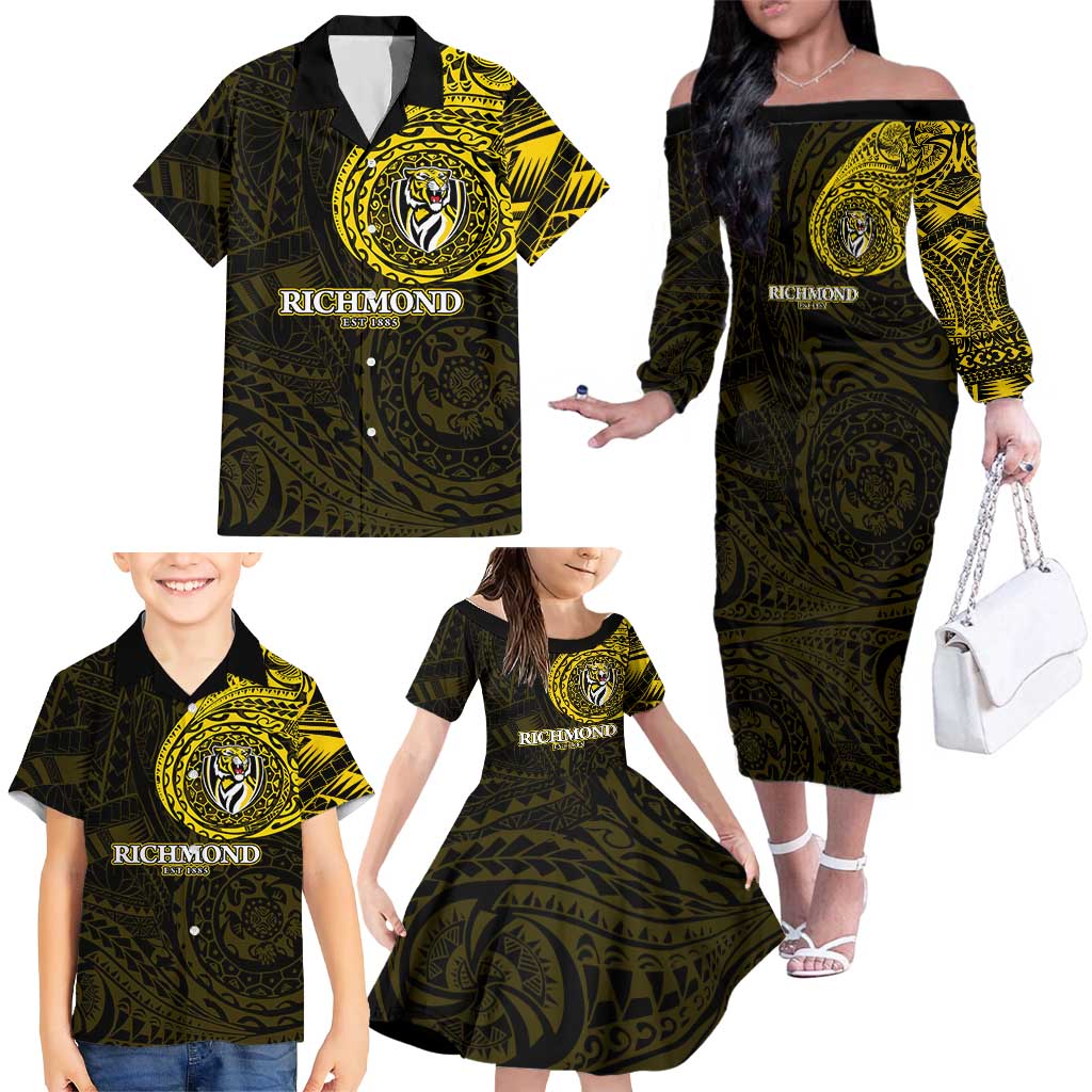 Personalized Richmond Tigers Polynesian Family Matching Off The Shoulder Long Sleeve Dress and Hawaiian Shirt Tribal Chest and Sleeve Tattoo Heritage Warrior