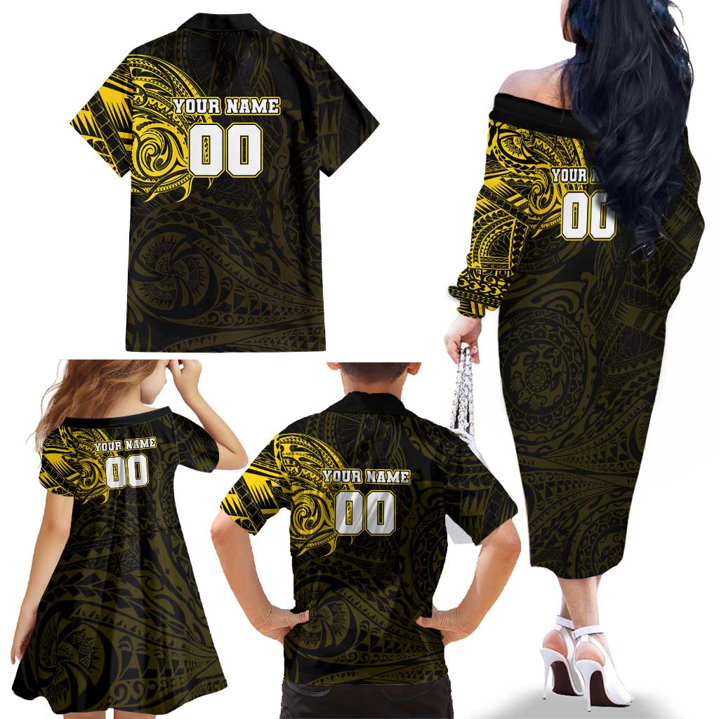 Personalized Richmond Tigers Polynesian Family Matching Off The Shoulder Long Sleeve Dress and Hawaiian Shirt Tribal Chest and Sleeve Tattoo Heritage Warrior