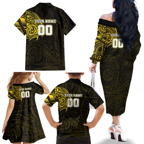 Personalized Richmond Tigers Polynesian Family Matching Off The Shoulder Long Sleeve Dress and Hawaiian Shirt Tribal Chest and Sleeve Tattoo Heritage Warrior