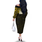 Personalized Richmond Tigers Polynesian Family Matching Off The Shoulder Long Sleeve Dress and Hawaiian Shirt Tribal Chest and Sleeve Tattoo Heritage Warrior