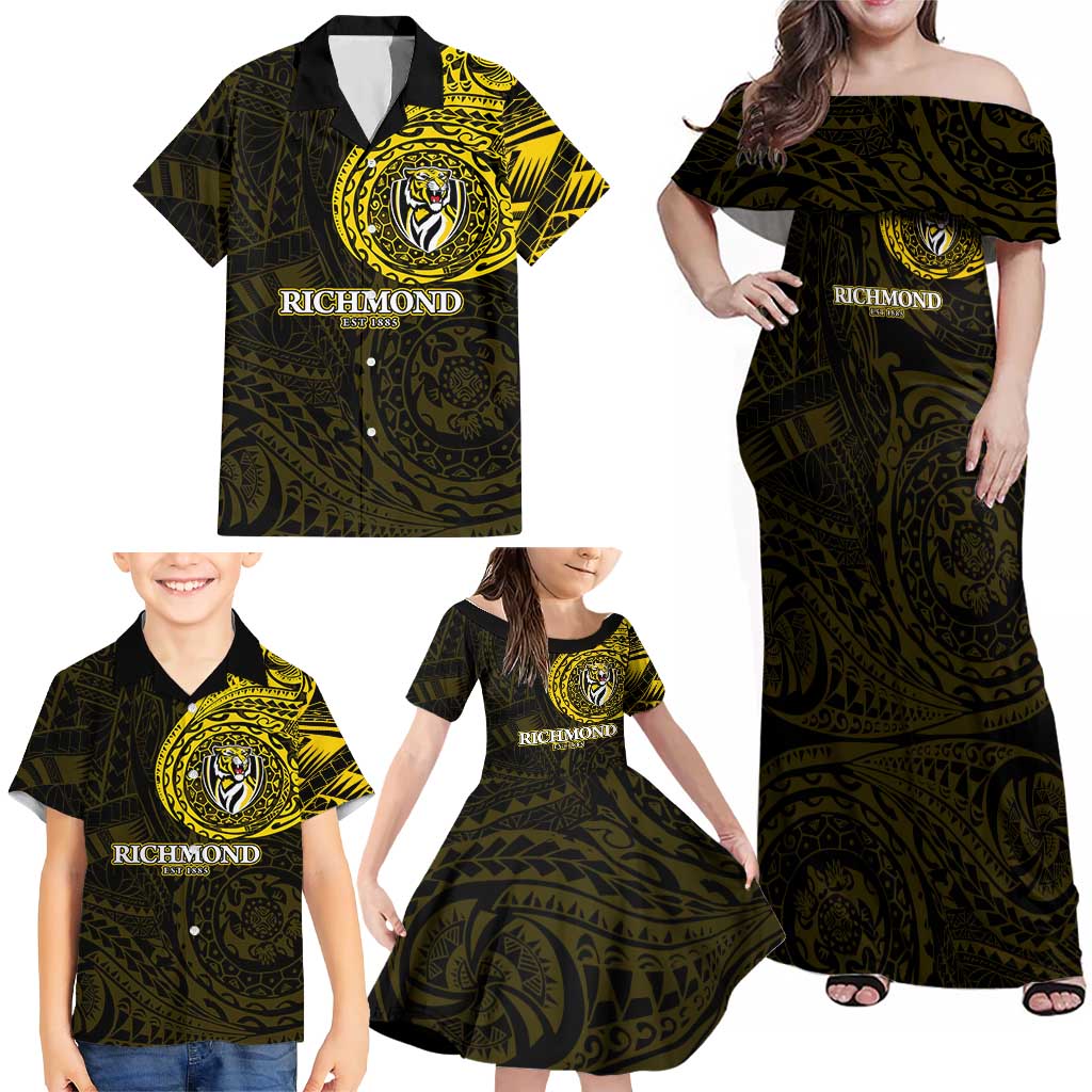 Personalized Richmond Tigers Polynesian Family Matching Off Shoulder Maxi Dress and Hawaiian Shirt Tribal Chest and Sleeve Tattoo Heritage Warrior