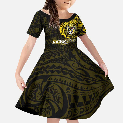 Personalized Richmond Tigers Polynesian Family Matching Off Shoulder Maxi Dress and Hawaiian Shirt Tribal Chest and Sleeve Tattoo Heritage Warrior