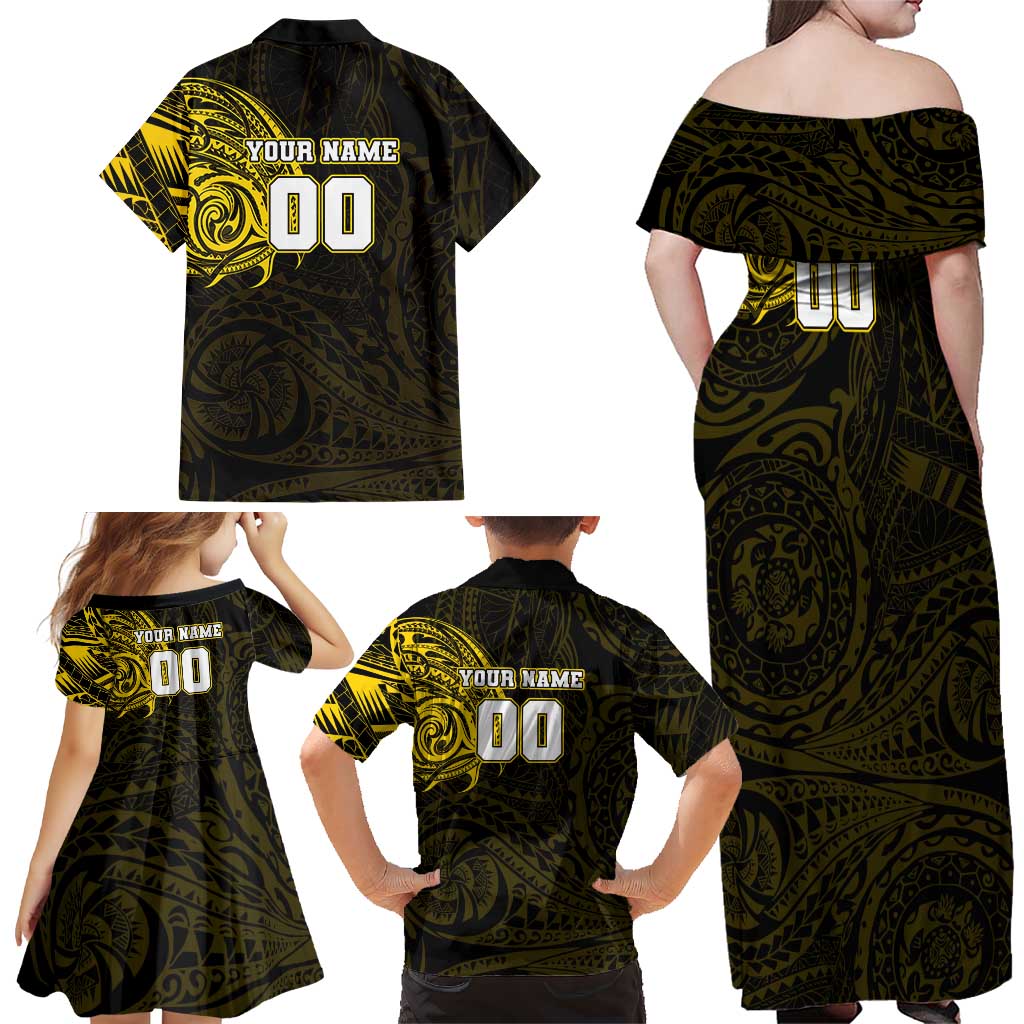 Personalized Richmond Tigers Polynesian Family Matching Off Shoulder Maxi Dress and Hawaiian Shirt Tribal Chest and Sleeve Tattoo Heritage Warrior