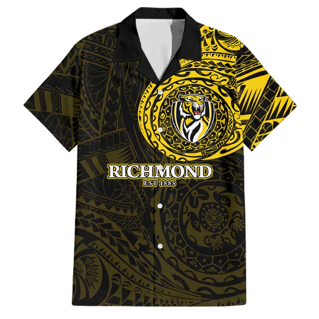 Personalized Richmond Tigers Polynesian Family Matching Off Shoulder Maxi Dress and Hawaiian Shirt Tribal Chest and Sleeve Tattoo Heritage Warrior