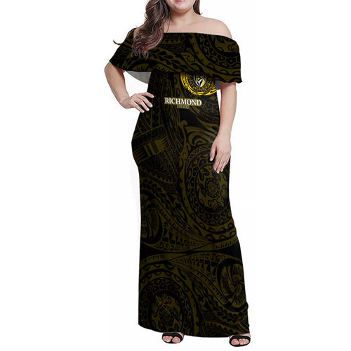Personalized Richmond Tigers Polynesian Family Matching Off Shoulder Maxi Dress and Hawaiian Shirt Tribal Chest and Sleeve Tattoo Heritage Warrior