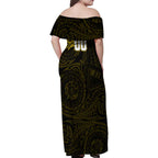 Personalized Richmond Tigers Polynesian Family Matching Off Shoulder Maxi Dress and Hawaiian Shirt Tribal Chest and Sleeve Tattoo Heritage Warrior