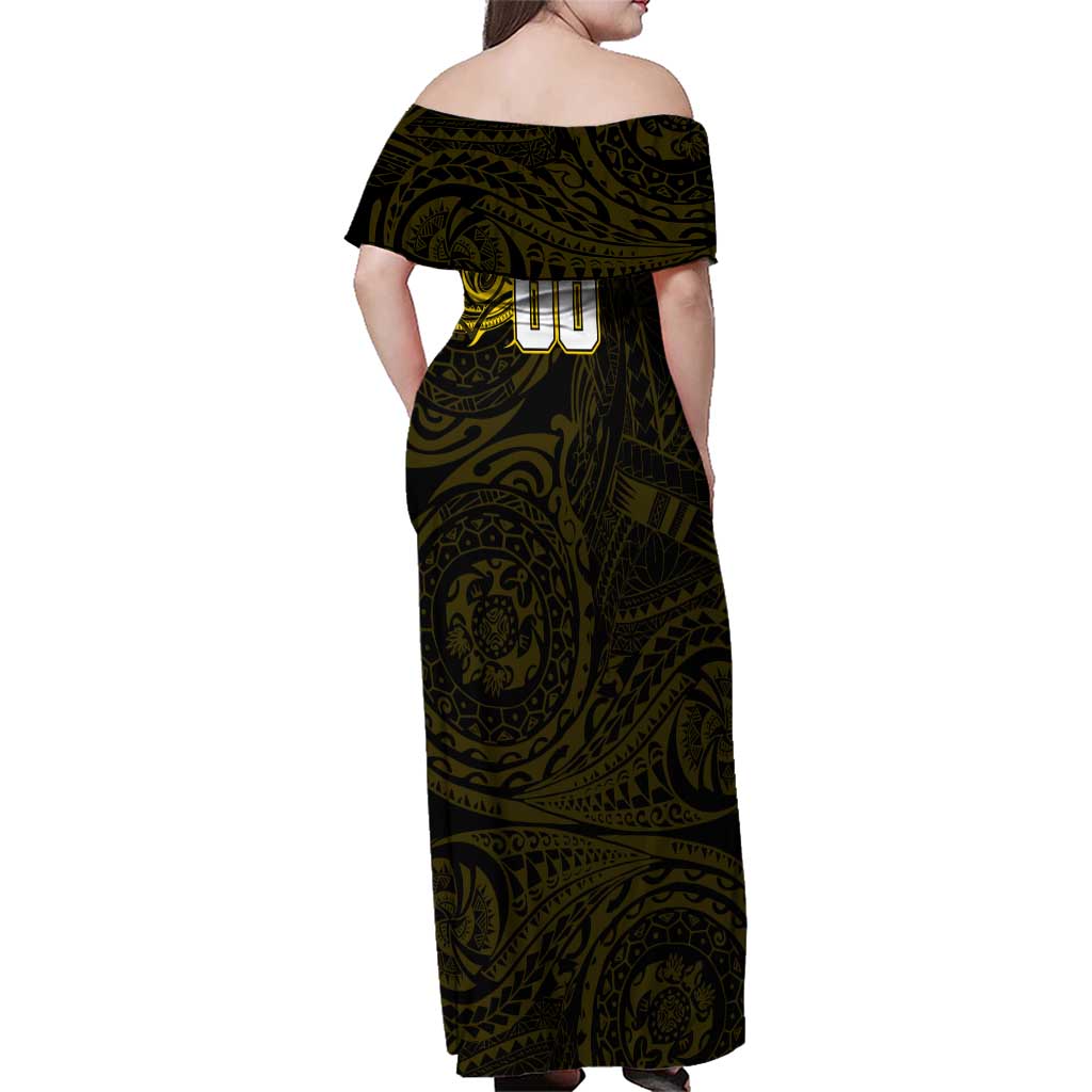 Personalized Richmond Tigers Polynesian Family Matching Off Shoulder Maxi Dress and Hawaiian Shirt Tribal Chest and Sleeve Tattoo Heritage Warrior