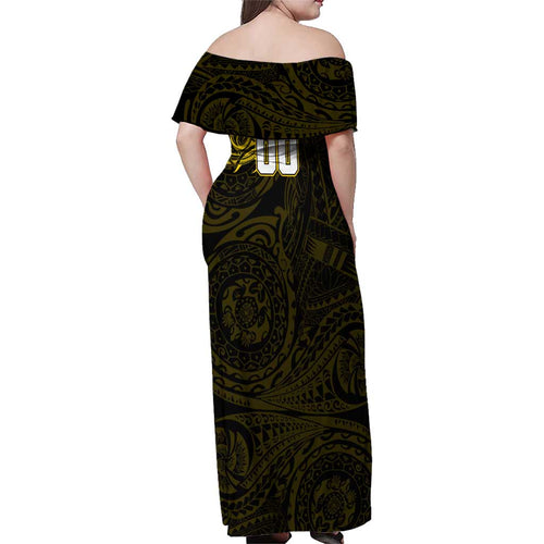 Personalized Richmond Tigers Polynesian Family Matching Off Shoulder Maxi Dress and Hawaiian Shirt Tribal Chest and Sleeve Tattoo Heritage Warrior