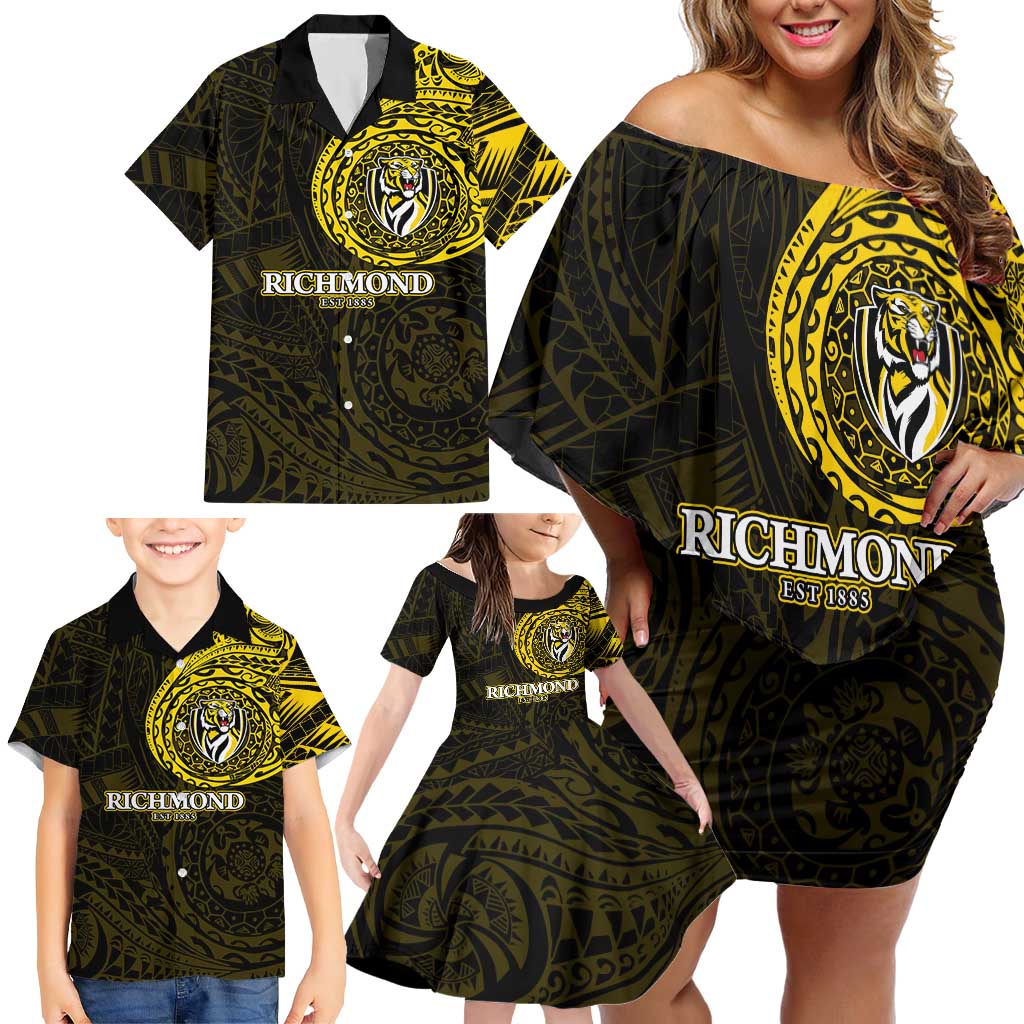 Personalized Richmond Tigers Polynesian Family Matching Off Shoulder Short Dress and Hawaiian Shirt Tribal Chest and Sleeve Tattoo Heritage Warrior