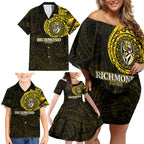 Personalized Richmond Tigers Polynesian Family Matching Off Shoulder Short Dress and Hawaiian Shirt Tribal Chest and Sleeve Tattoo Heritage Warrior