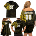 Personalized Richmond Tigers Polynesian Family Matching Off Shoulder Short Dress and Hawaiian Shirt Tribal Chest and Sleeve Tattoo Heritage Warrior