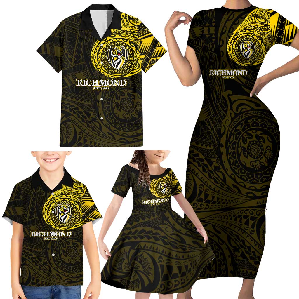 Personalized Richmond Tigers Polynesian Family Matching Short Sleeve Bodycon Dress and Hawaiian Shirt Tribal Chest and Sleeve Tattoo Heritage Warrior