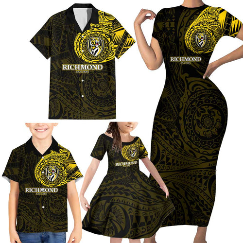 Personalized Richmond Tigers Polynesian Family Matching Short Sleeve Bodycon Dress and Hawaiian Shirt Tribal Chest and Sleeve Tattoo Heritage Warrior