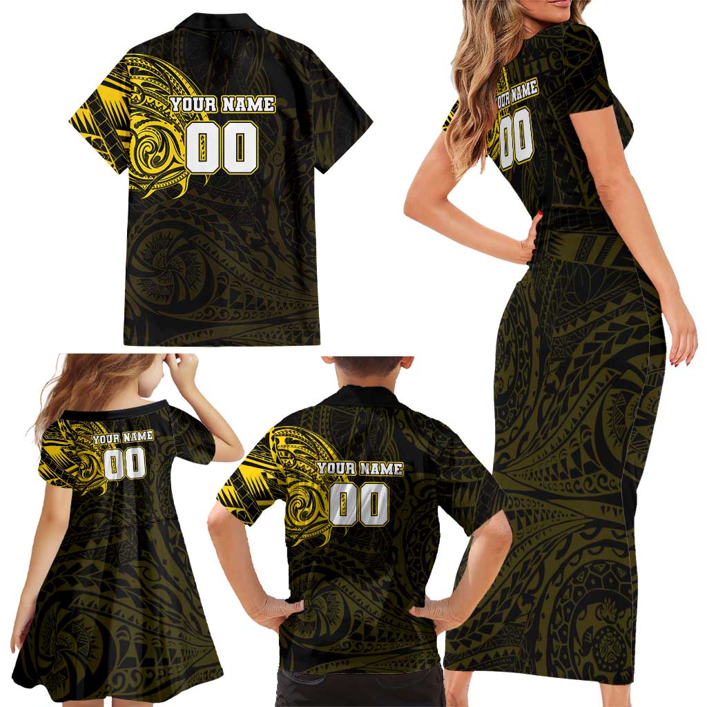 Personalized Richmond Tigers Polynesian Family Matching Short Sleeve Bodycon Dress and Hawaiian Shirt Tribal Chest and Sleeve Tattoo Heritage Warrior
