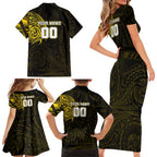 Personalized Richmond Tigers Polynesian Family Matching Short Sleeve Bodycon Dress and Hawaiian Shirt Tribal Chest and Sleeve Tattoo Heritage Warrior