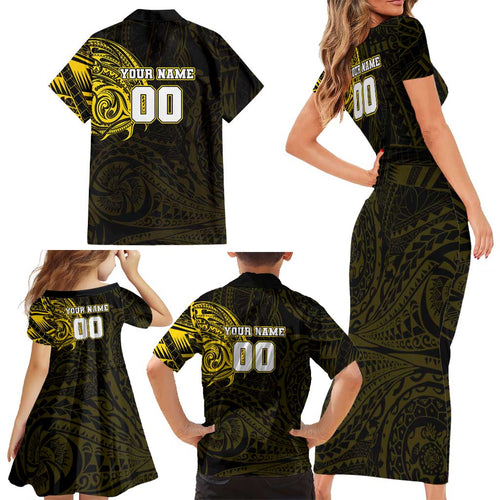 Personalized Richmond Tigers Polynesian Family Matching Short Sleeve Bodycon Dress and Hawaiian Shirt Tribal Chest and Sleeve Tattoo Heritage Warrior
