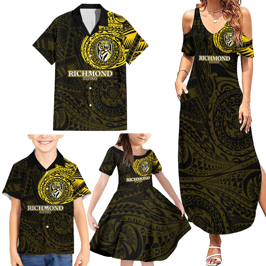 Personalized Richmond Tigers Polynesian Family Matching Summer Maxi Dress and Hawaiian Shirt Tribal Chest and Sleeve Tattoo Heritage Warrior