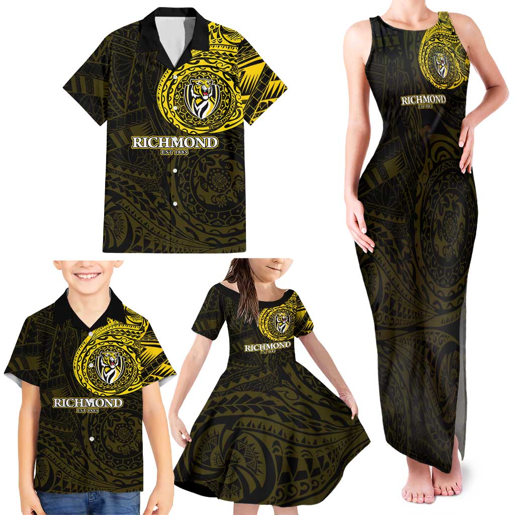 Personalized Richmond Tigers Polynesian Family Matching Tank Maxi Dress and Hawaiian Shirt Tribal Chest and Sleeve Tattoo Heritage Warrior