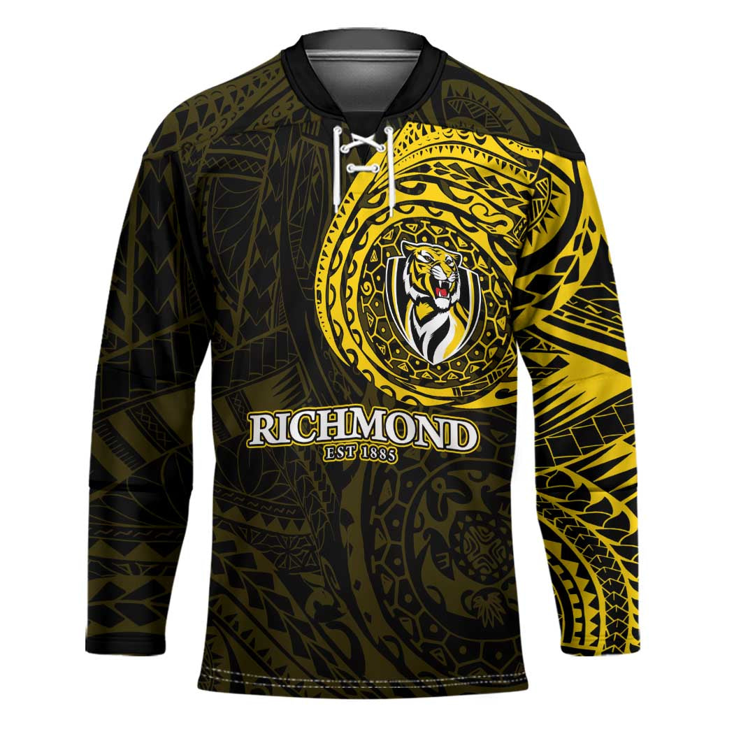 Personalized Richmond Tigers Polynesian Hockey Jersey Tribal Chest and Sleeve Tattoo Heritage Warrior