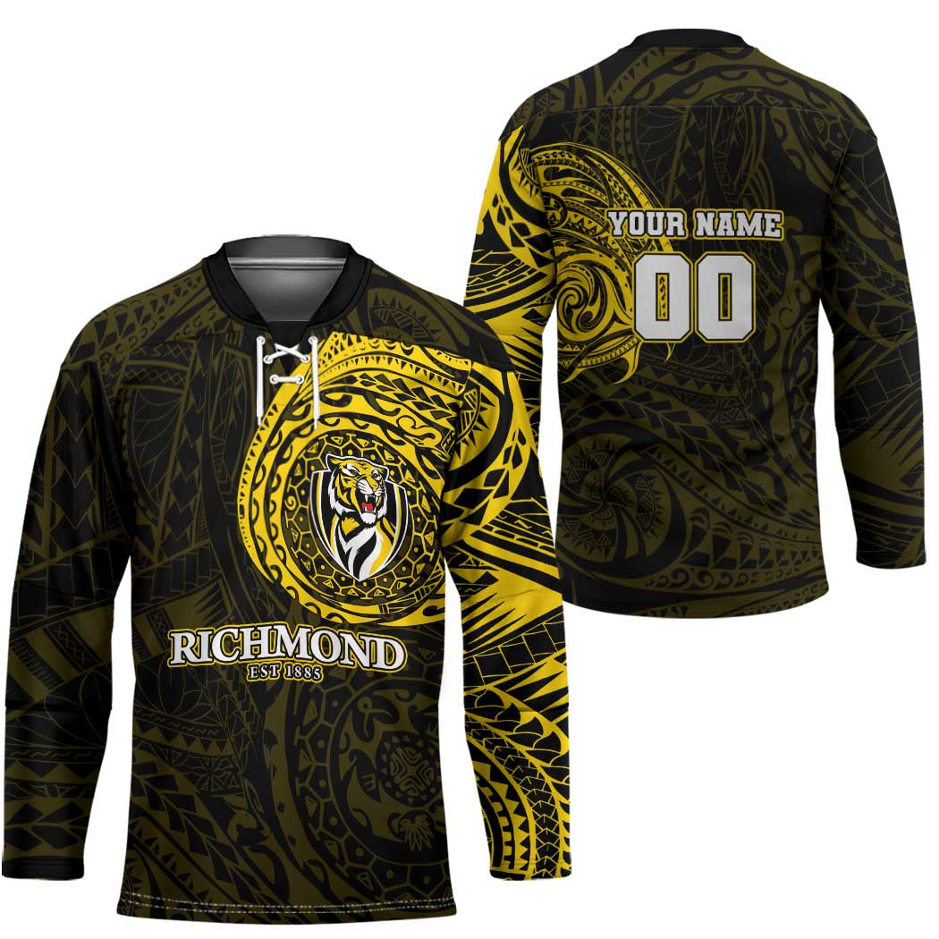 Personalized Richmond Tigers Polynesian Hockey Jersey Tribal Chest and Sleeve Tattoo Heritage Warrior
