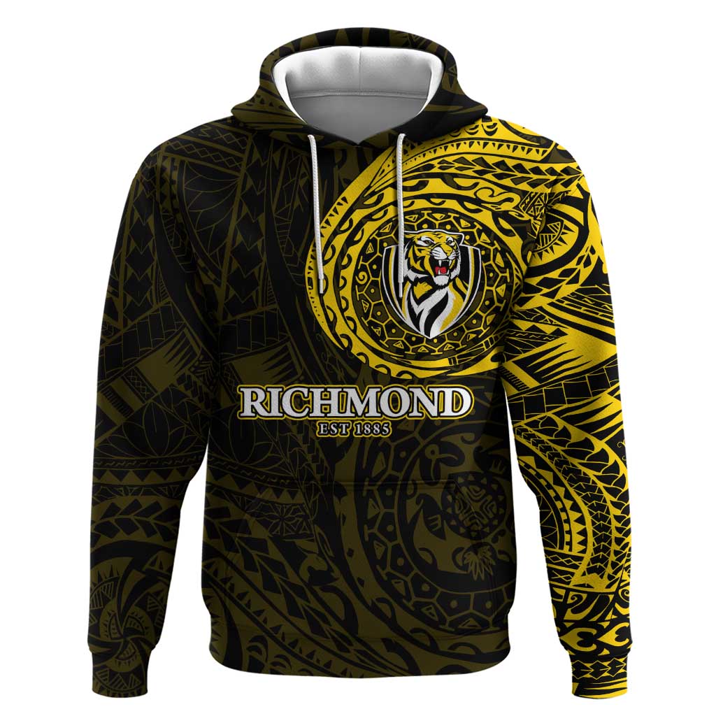 Personalized Richmond Tigers Polynesian Hoodie Tribal Chest and Sleeve Tattoo Heritage Warrior