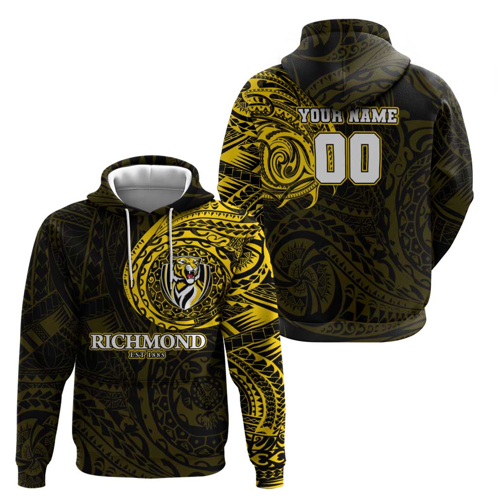Personalized Richmond Tigers Polynesian Hoodie Tribal Chest and Sleeve Tattoo Heritage Warrior