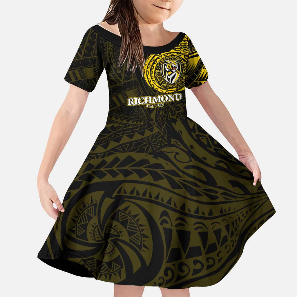 Personalized Richmond Tigers Polynesian Kid Short Sleeve Dress Tribal Chest and Sleeve Tattoo Heritage Warrior