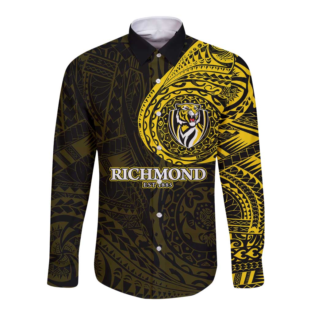 Personalized Richmond Tigers Polynesian Long Sleeve Button Shirt Tribal Chest and Sleeve Tattoo Heritage Warrior