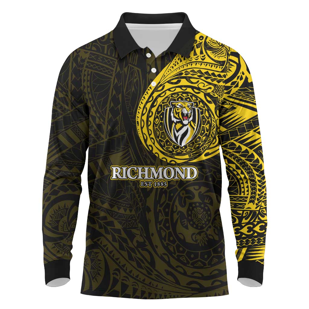 Personalized Richmond Tigers Polynesian Long Sleeve Polo Shirt Tribal Chest and Sleeve Tattoo Heritage Warrior