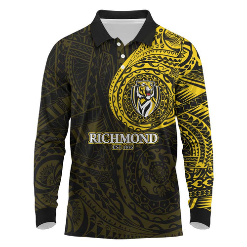 Personalized Richmond Tigers Polynesian Long Sleeve Polo Shirt Tribal Chest and Sleeve Tattoo Heritage Warrior