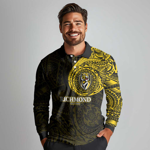 Personalized Richmond Tigers Polynesian Long Sleeve Polo Shirt Tribal Chest and Sleeve Tattoo Heritage Warrior