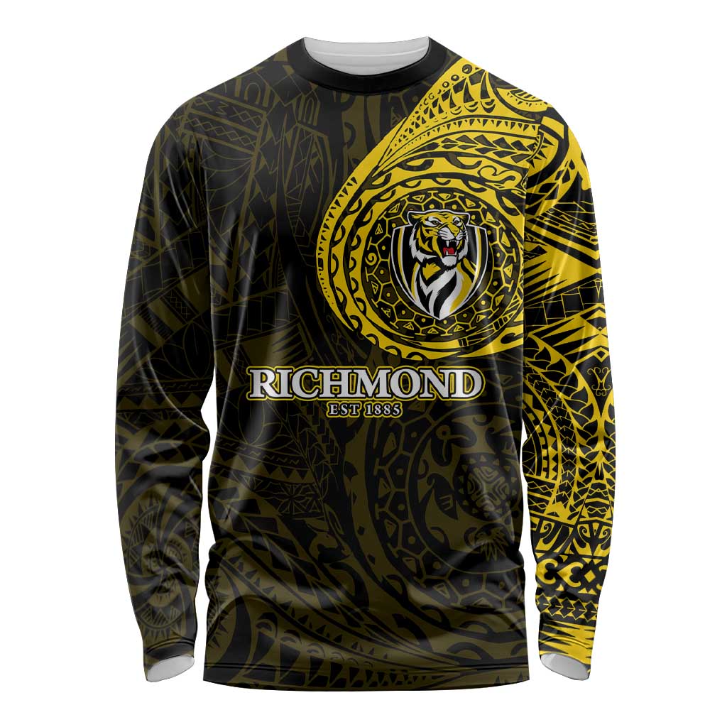Personalized Richmond Tigers Polynesian Long Sleeve Shirt Tribal Chest and Sleeve Tattoo Heritage Warrior