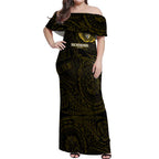 Personalized Richmond Tigers Polynesian Off Shoulder Maxi Dress Tribal Chest and Sleeve Tattoo Heritage Warrior
