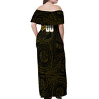Personalized Richmond Tigers Polynesian Off Shoulder Maxi Dress Tribal Chest and Sleeve Tattoo Heritage Warrior